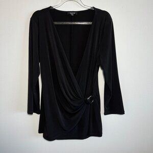 Premise wrap style top, Black, Silver tone detail, Poly/Spandex, Soft, Women's L